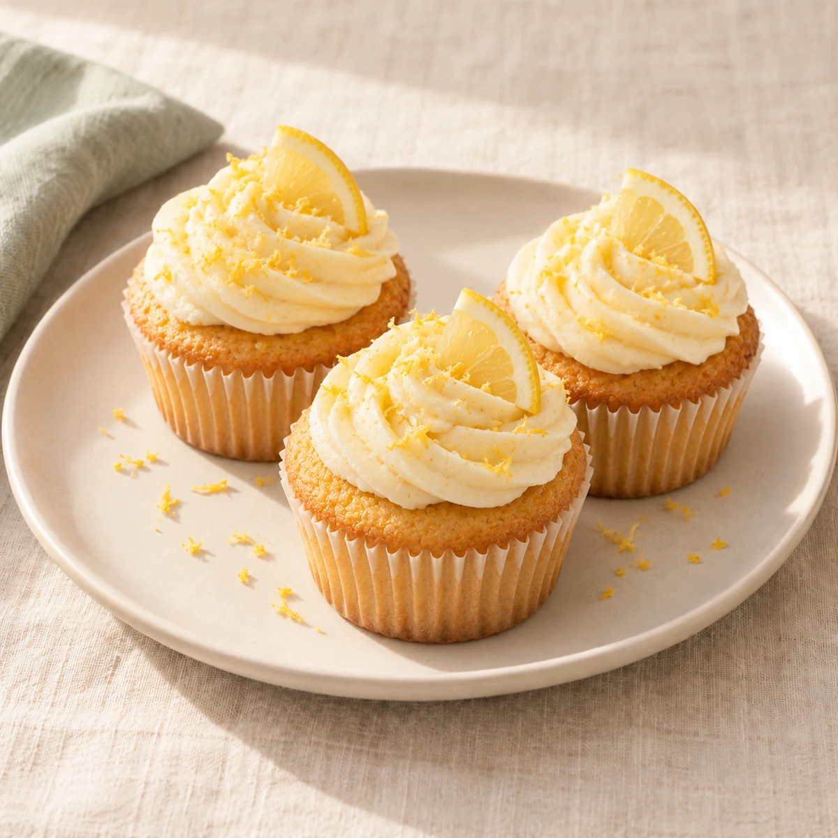 Three lemon cupcakes on an ivory plate